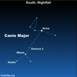 The constellation Canis Major, showing the well-known star Sirius and Aludra as the tail of the 'dog'.
