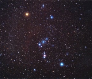The constellation of Orion, Saiph is the fainter blue star at bottom left